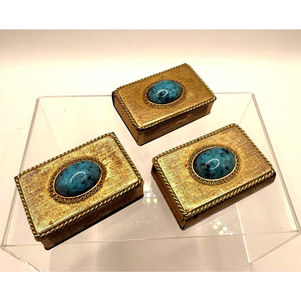 Vtg Gold Tone Set of 3 Matchbox Holders W/Turquoise Cabachon & Org Match Cases